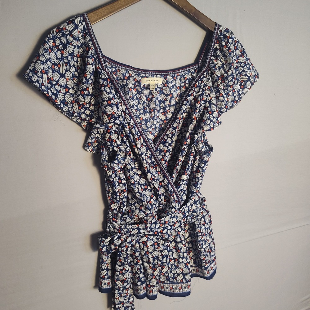 Max Studio Womens XL Blue Floral Wrap Top Flutter Sleeve V-Neck Tie Waist Blouse